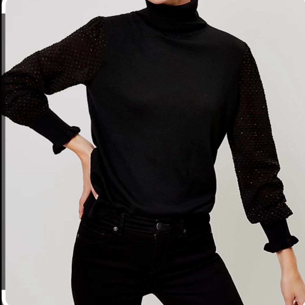LOFT Black Turtleneck Sweater with Sheer Sleeves